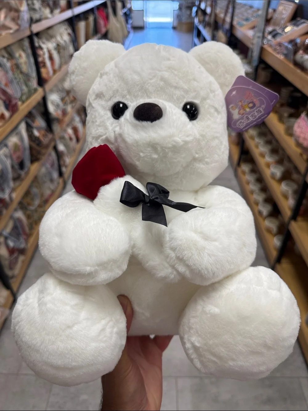 White Plush Bear with Red Rose and Black Bow - Cute Kids Stuffed Animal